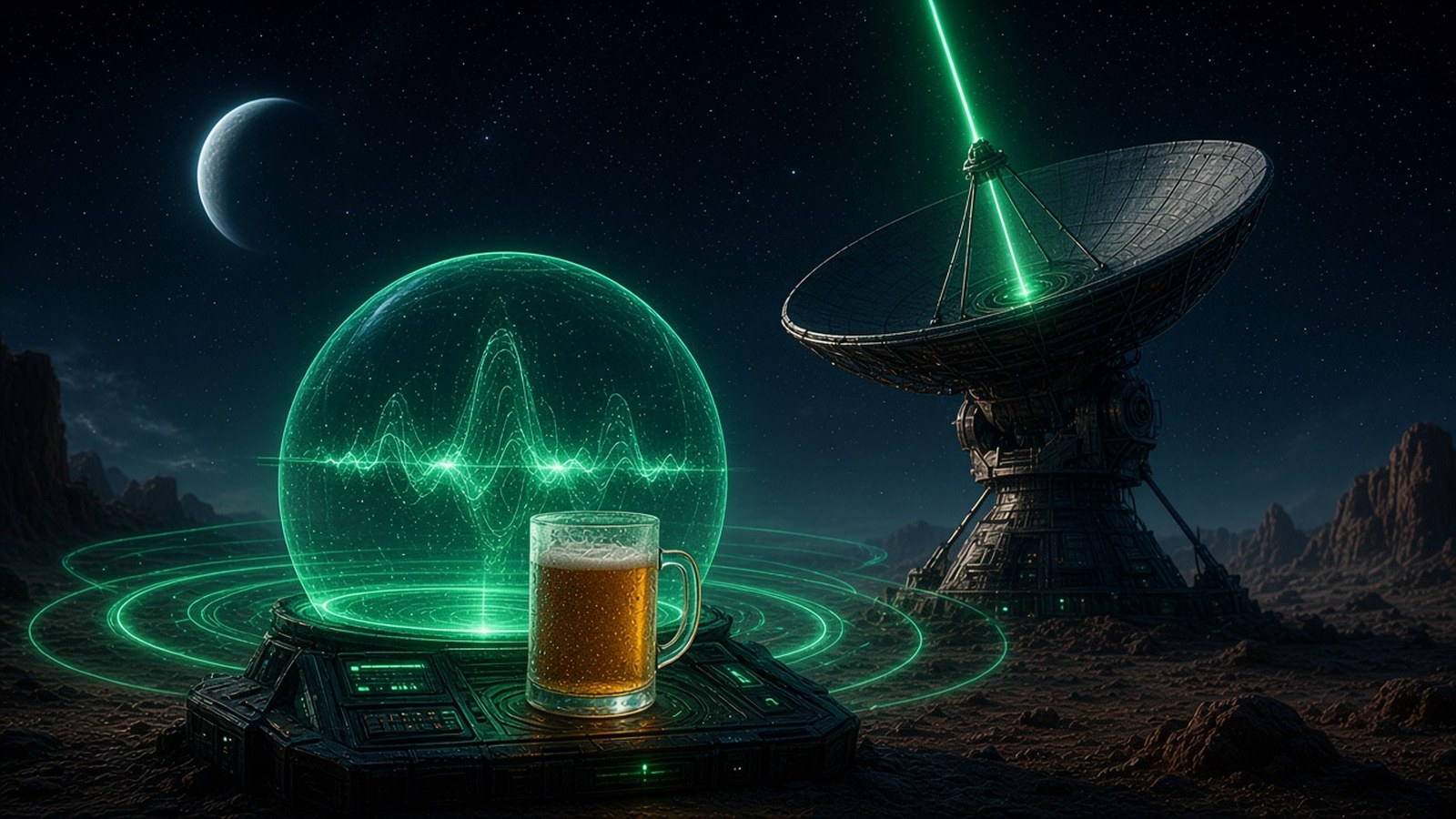 Communications 1 Beer Alien transmission terminal: a glowing green holographic signal dome and a cold glass of beer beside an alien radio dish beaming a signal into the night sky